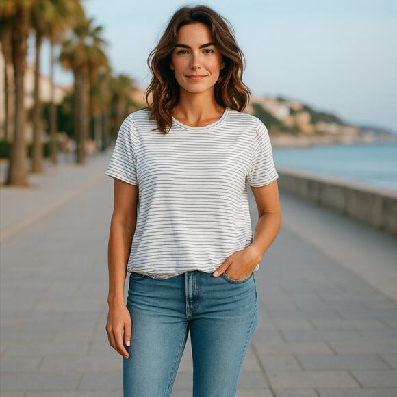 Modern Works Women’s Striped Cuff Short Sleeve Top Elastic tie bottom Size Large - Picture 2 of 10